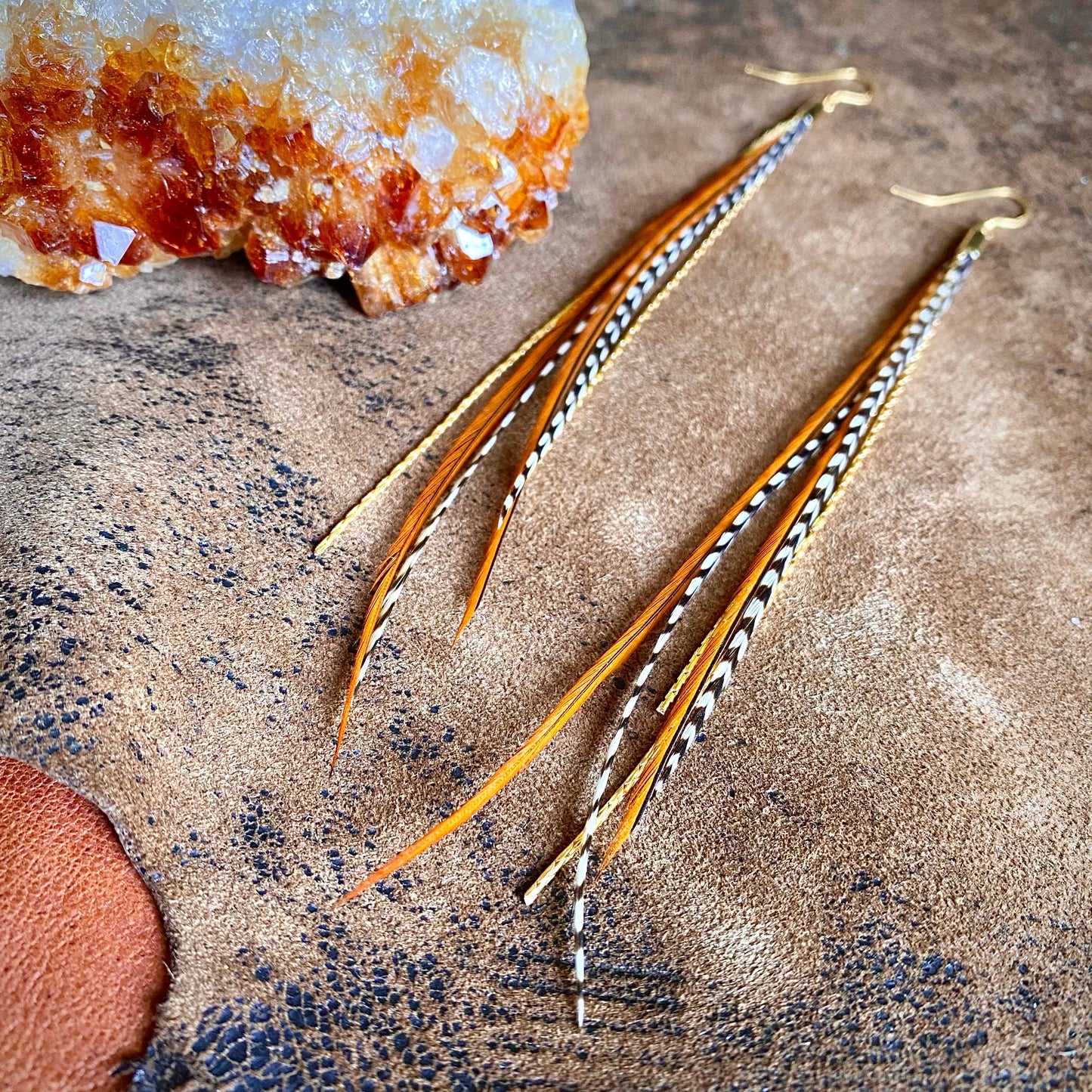 Mini Feather Earrings - Grizzly & Fawn/Gold