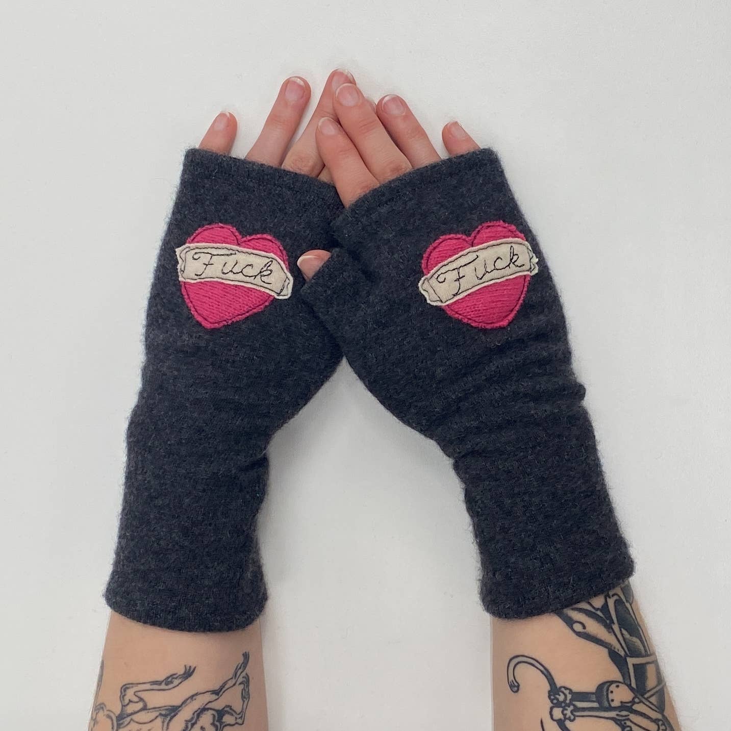 Fingerless Cashmere Gloves - Tattoo Heart EFF (Multiple Colors)