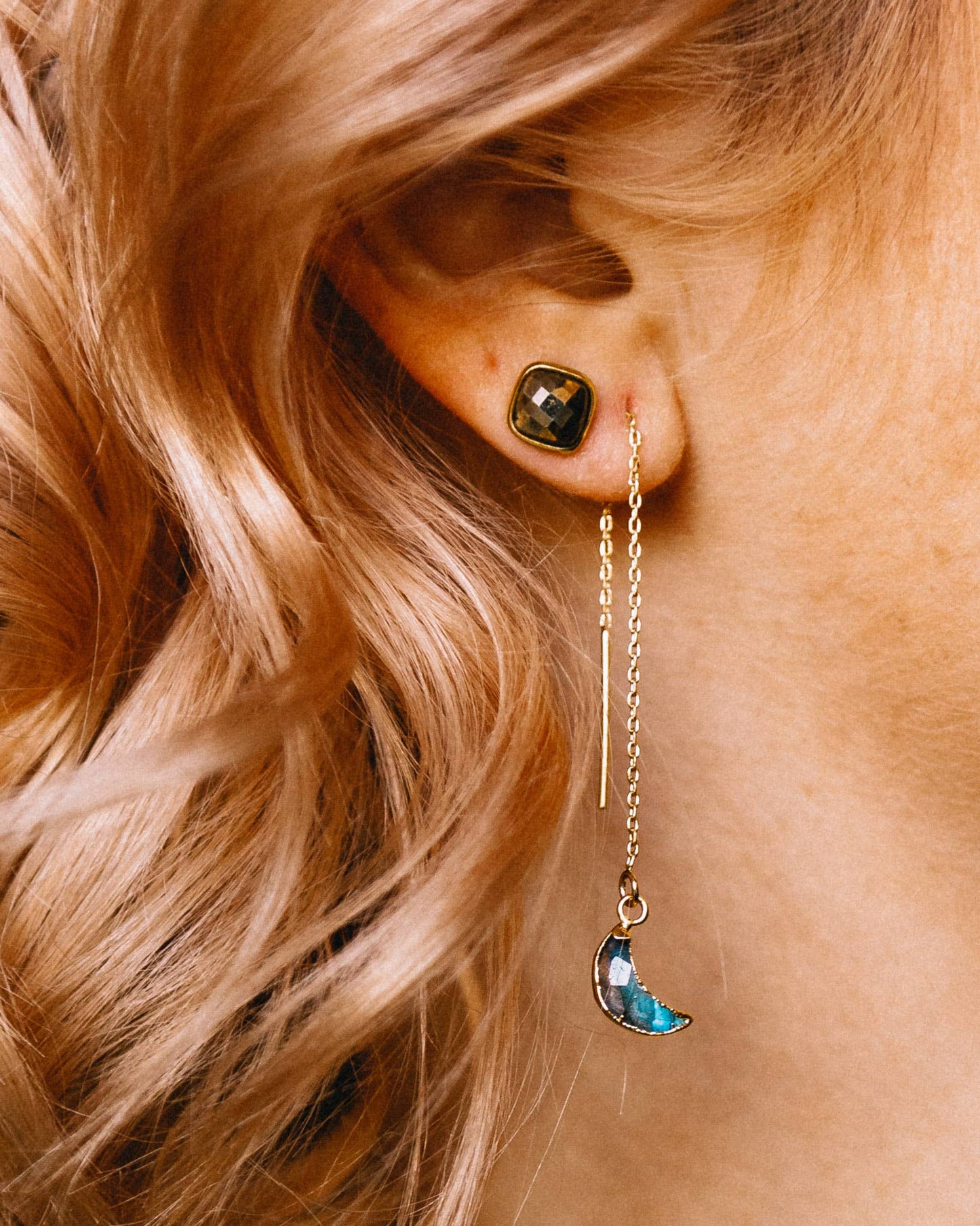 14Kt Sterling Silver Eclipse Threader Earrings - Labradorite