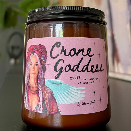 Crone Goddess Candle — patchouli scented candle for empowered midlife women and sacred transformation
