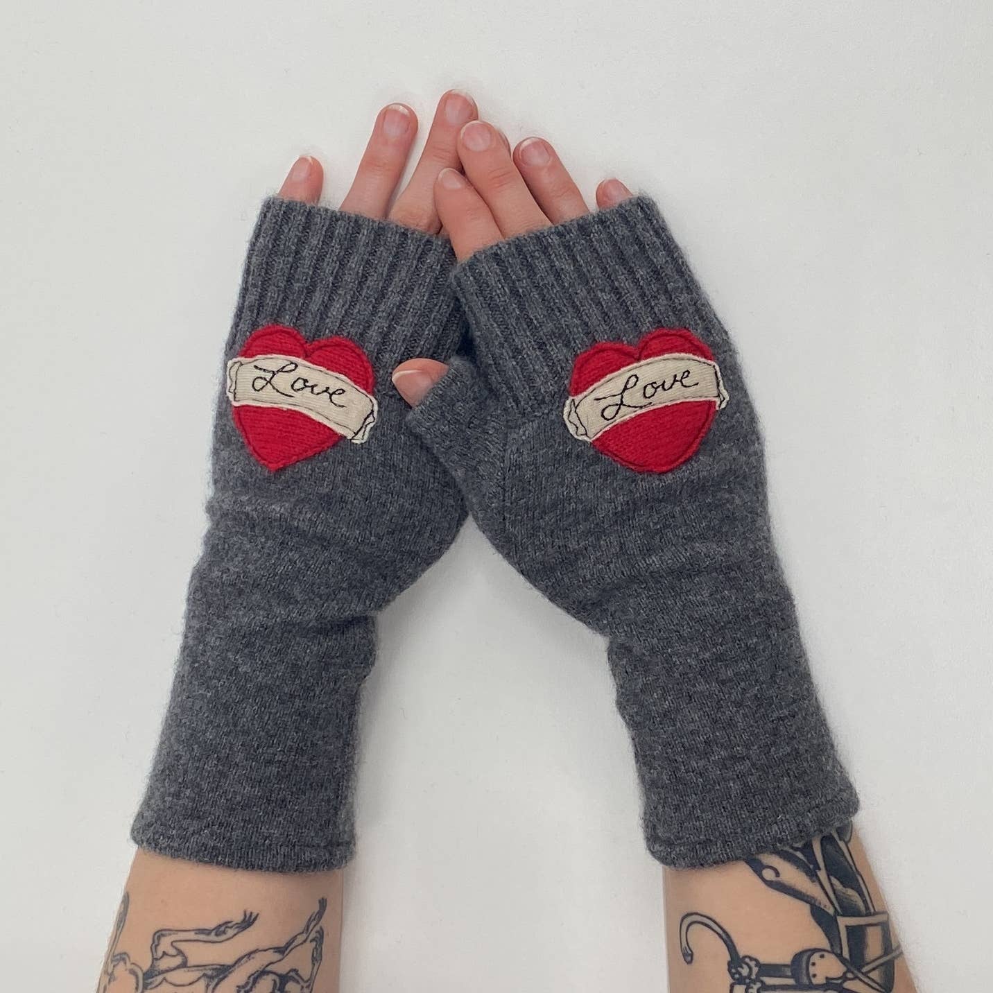 Fingerless Cashmere Gloves - Tattoo Heart Love