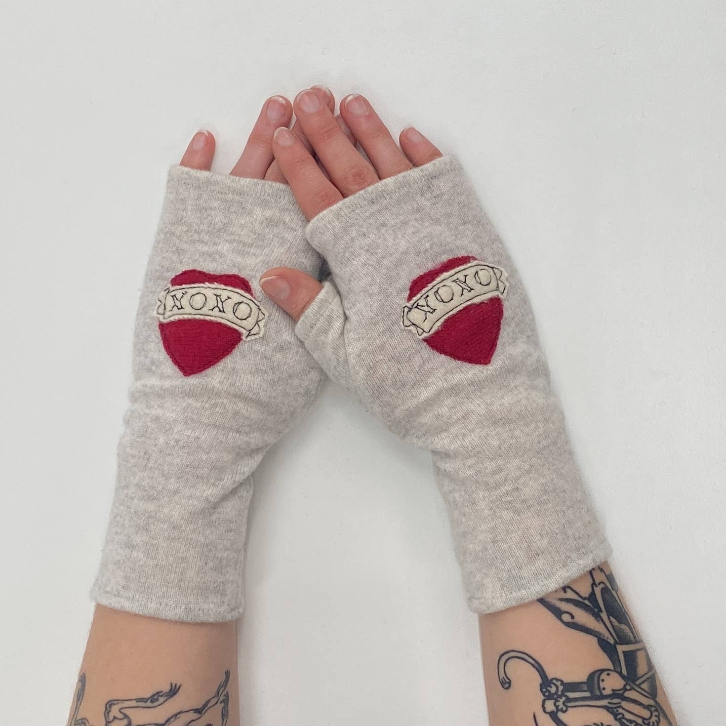 Fingerless Cashmere Gloves-Tattoo Heart XOXO