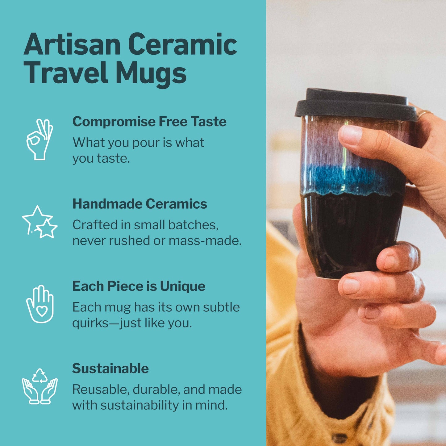 Monsoon Ceramic Mug – 12oz Reusable Cup with Lid