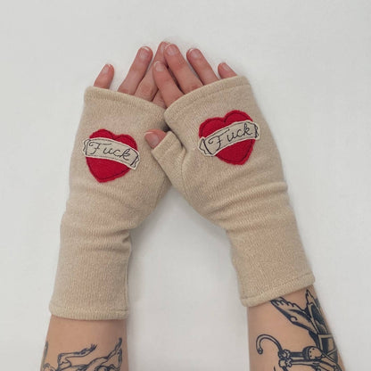 Fingerless Cashmere Gloves - Tattoo Heart Fuck