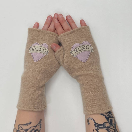 Fingerless Cashmere Gloves-Tattoo Heart XOXO