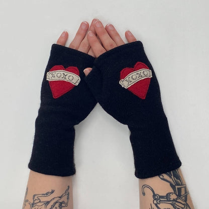 Fingerless Cashmere Gloves-Tattoo Heart XOXO