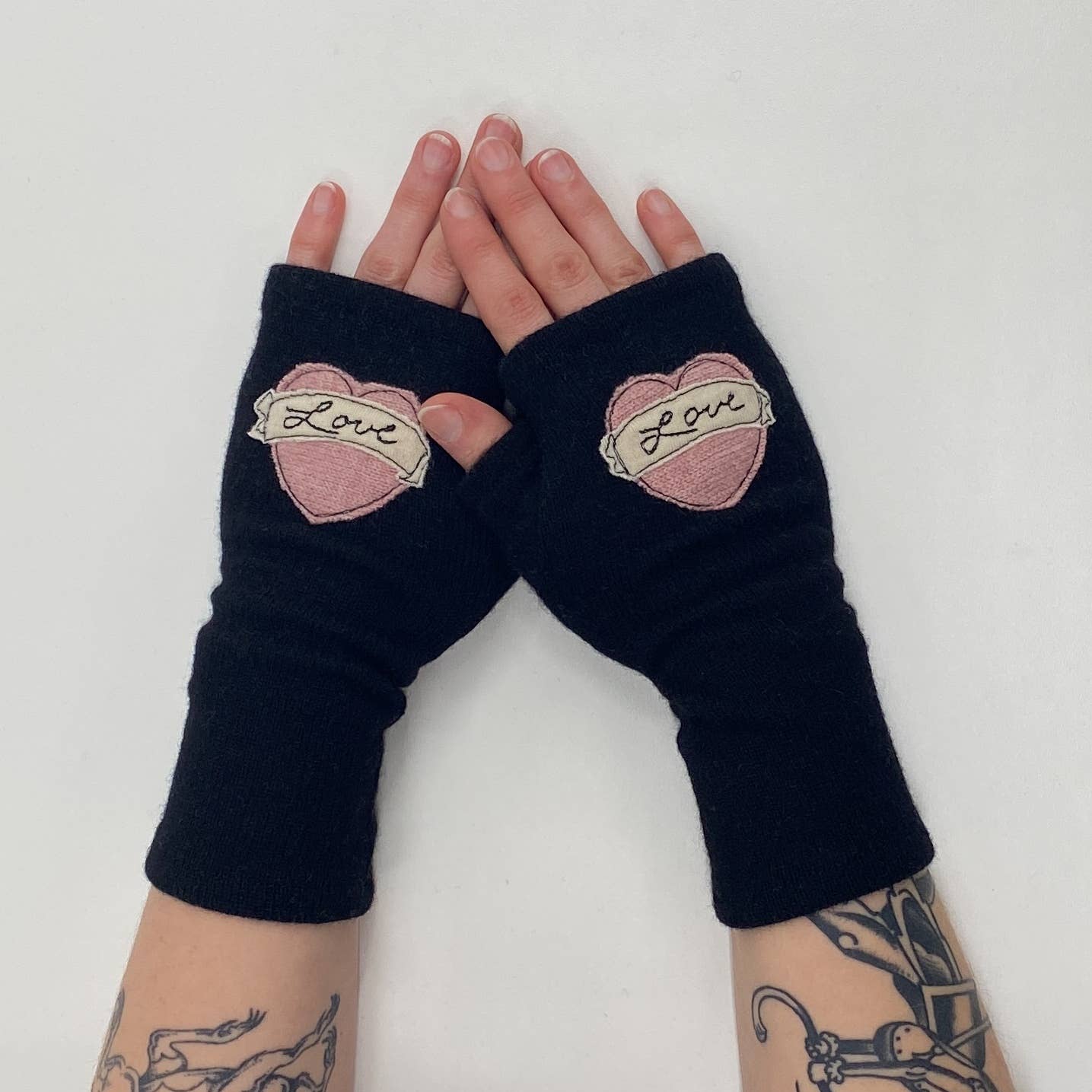 Fingerless Cashmere Gloves - Tattoo Heart Love