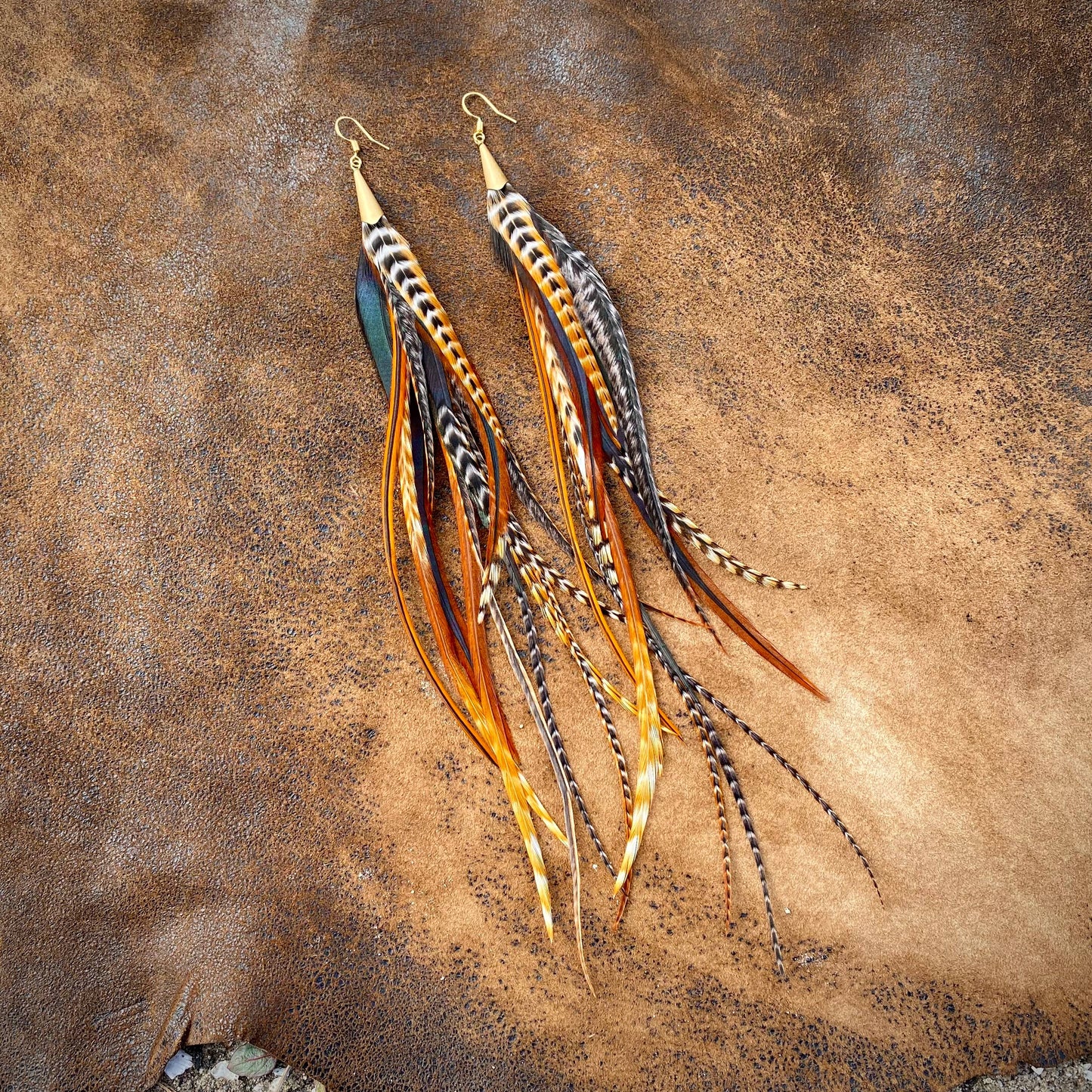 Long Feather & Cone Earrings – Cree Mix/Gold by ASTALI
