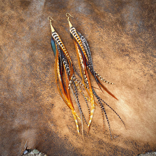 Long Feather & Cone Earrings – Cree Mix/Gold by ASTALI