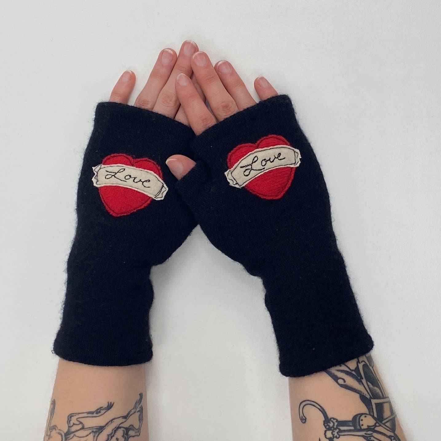 Fingerless Cashmere Gloves - Tattoo Heart Love