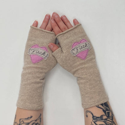 Fingerless Cashmere Gloves - Tattoo Heart Fuck