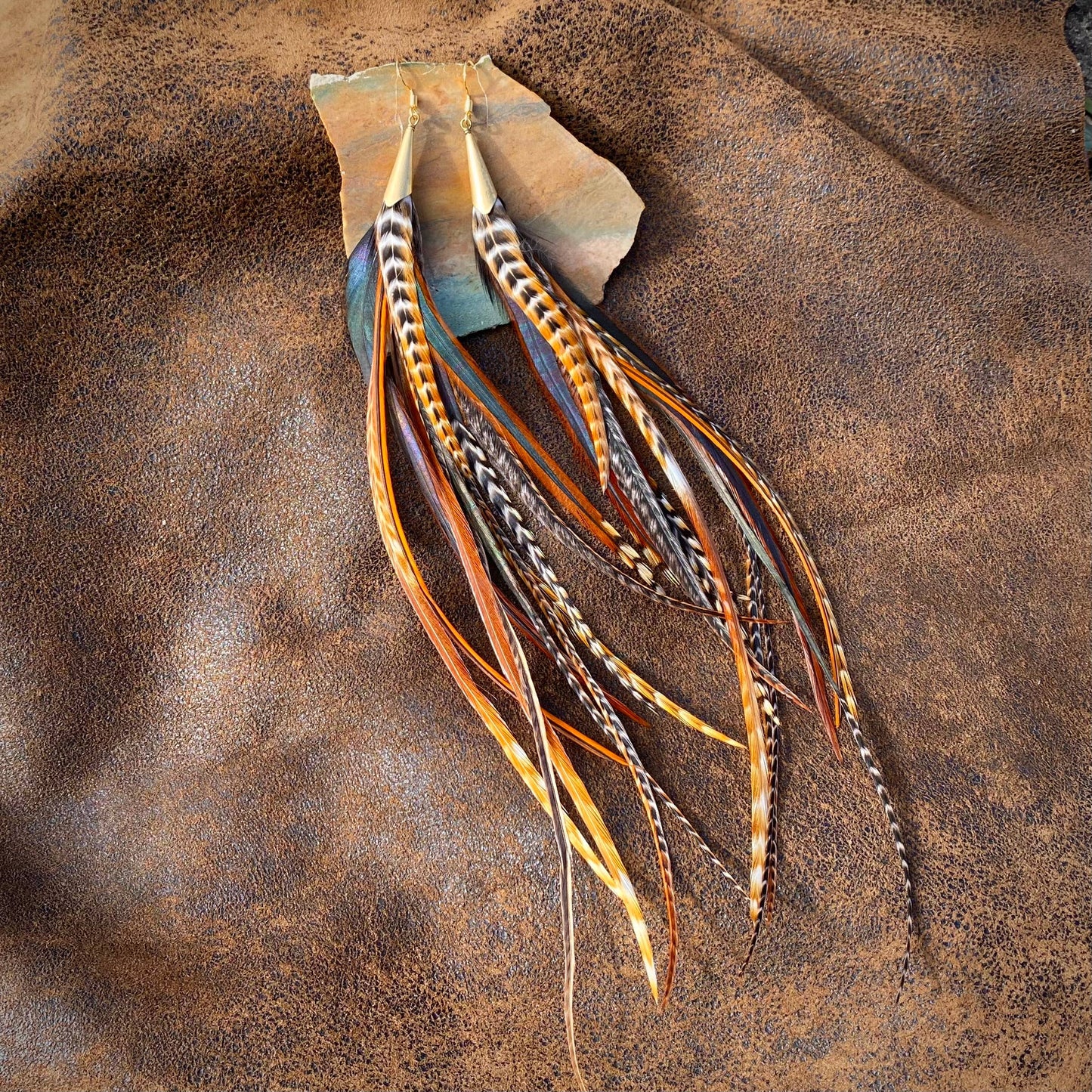 Long Feather & Cone Earrings – Cree Mix/Gold by ASTALI