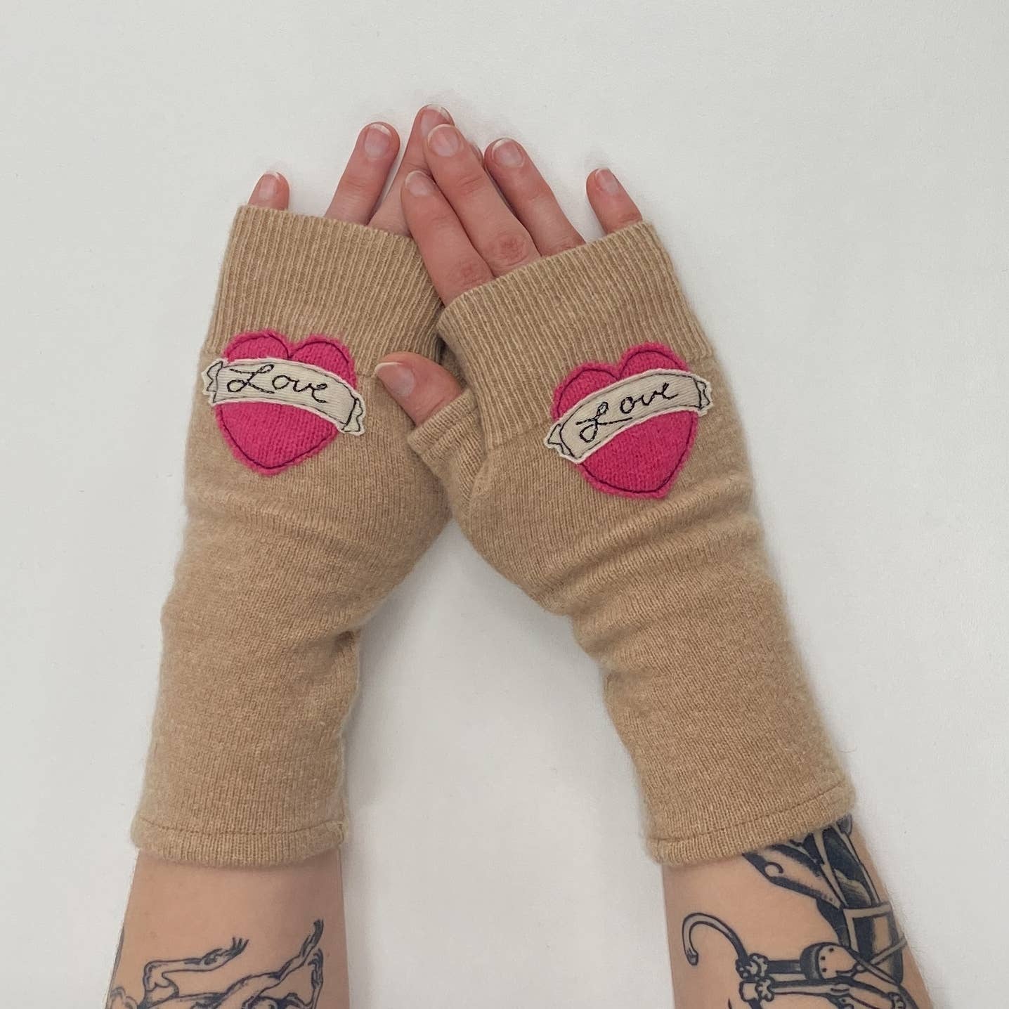 Fingerless Cashmere Gloves - Tattoo Heart Love