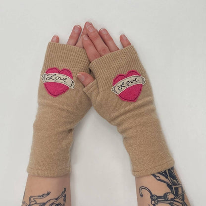 Fingerless Cashmere Gloves - Tattoo Heart Love