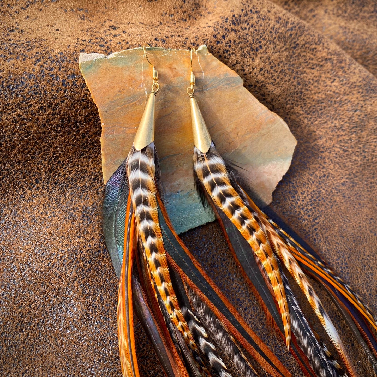 Long Feather & Cone Earrings – Cree Mix/Gold by ASTALI