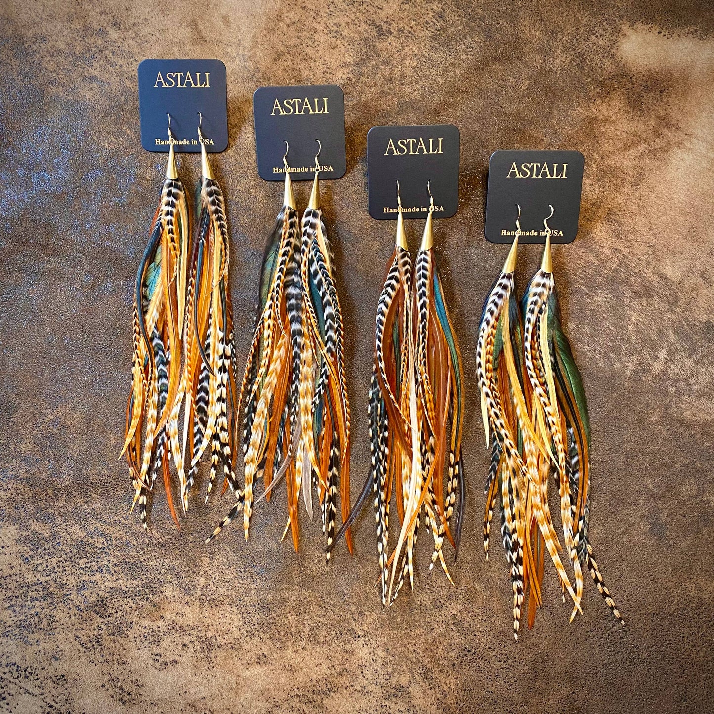 Long Feather & Cone Earrings – Cree Mix/Gold by ASTALI