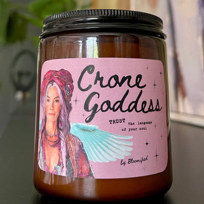 Crone Goddess Candle — patchouli scented candle for empowered midlife women and sacred transformation

