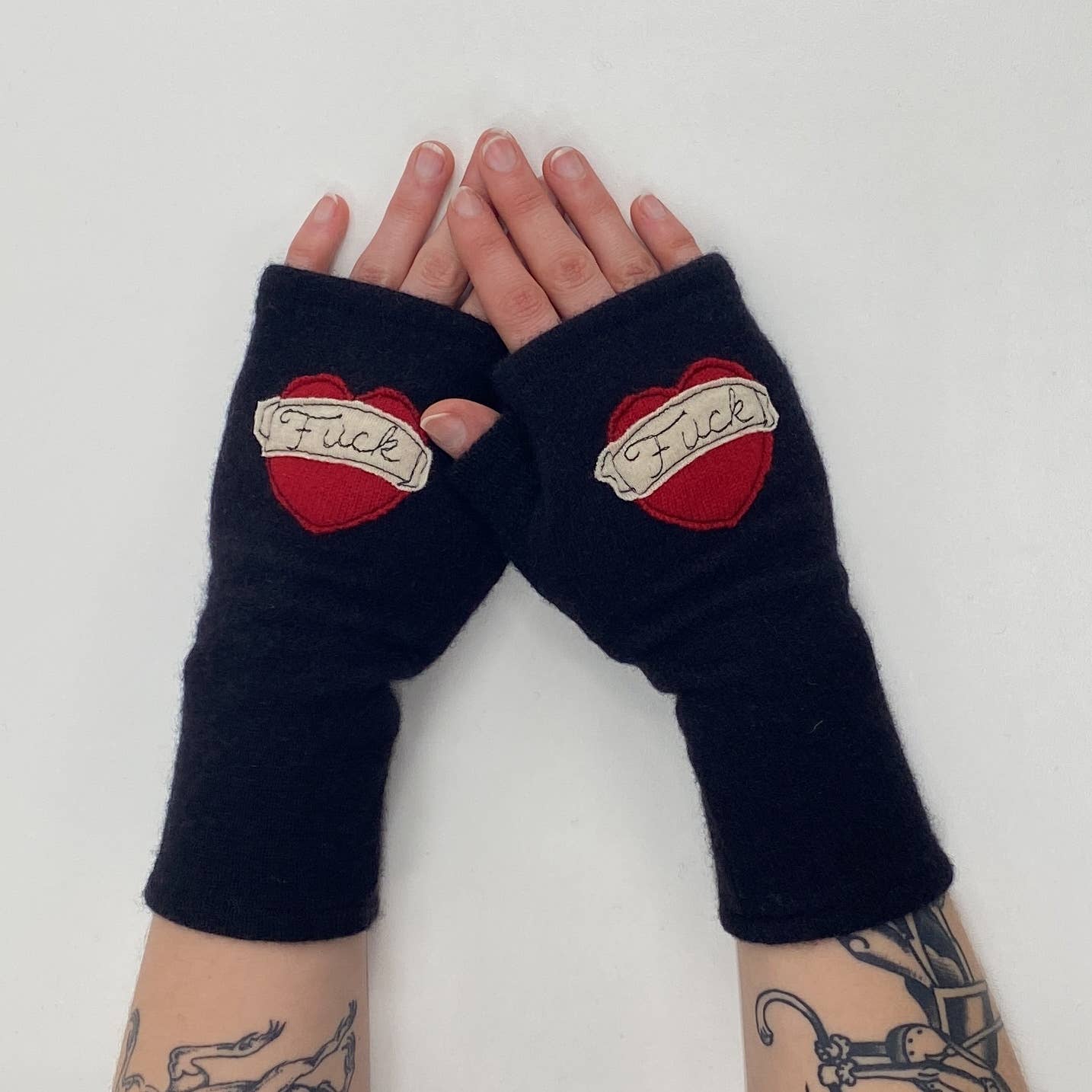 Fingerless Cashmere Gloves - Tattoo Heart Fuck