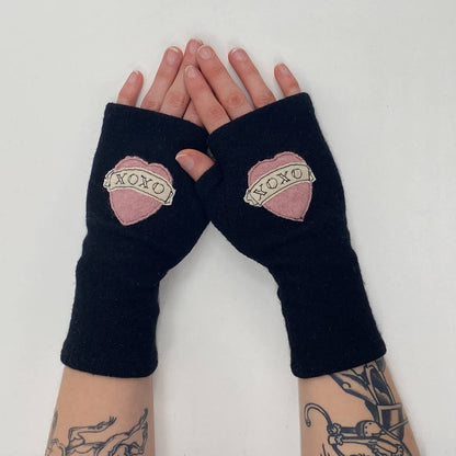 Fingerless Cashmere Gloves-Tattoo Heart XOXO