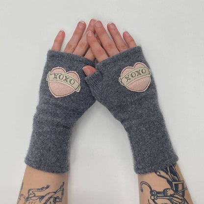 Fingerless Cashmere Gloves-Tattoo Heart XOXO