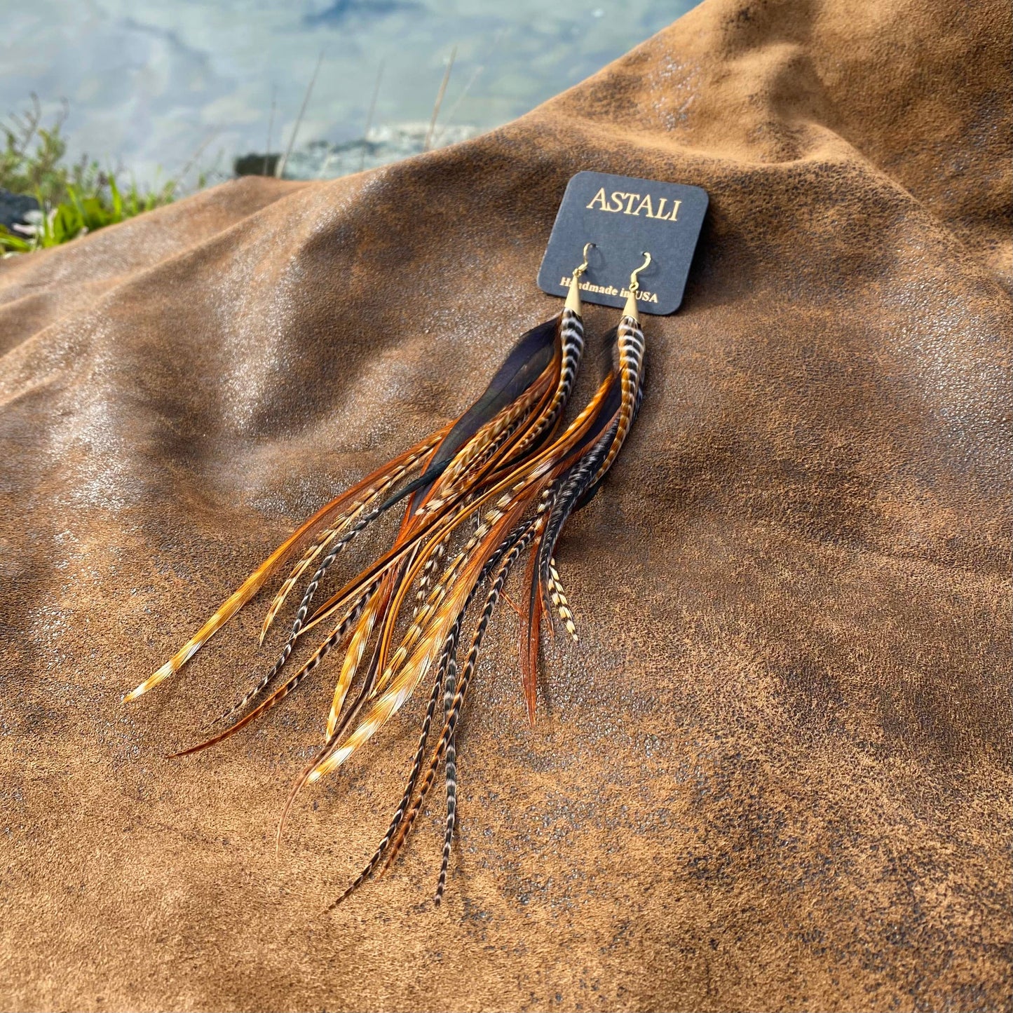 Long Feather & Cone Earrings – Cree Mix/Gold by ASTALI