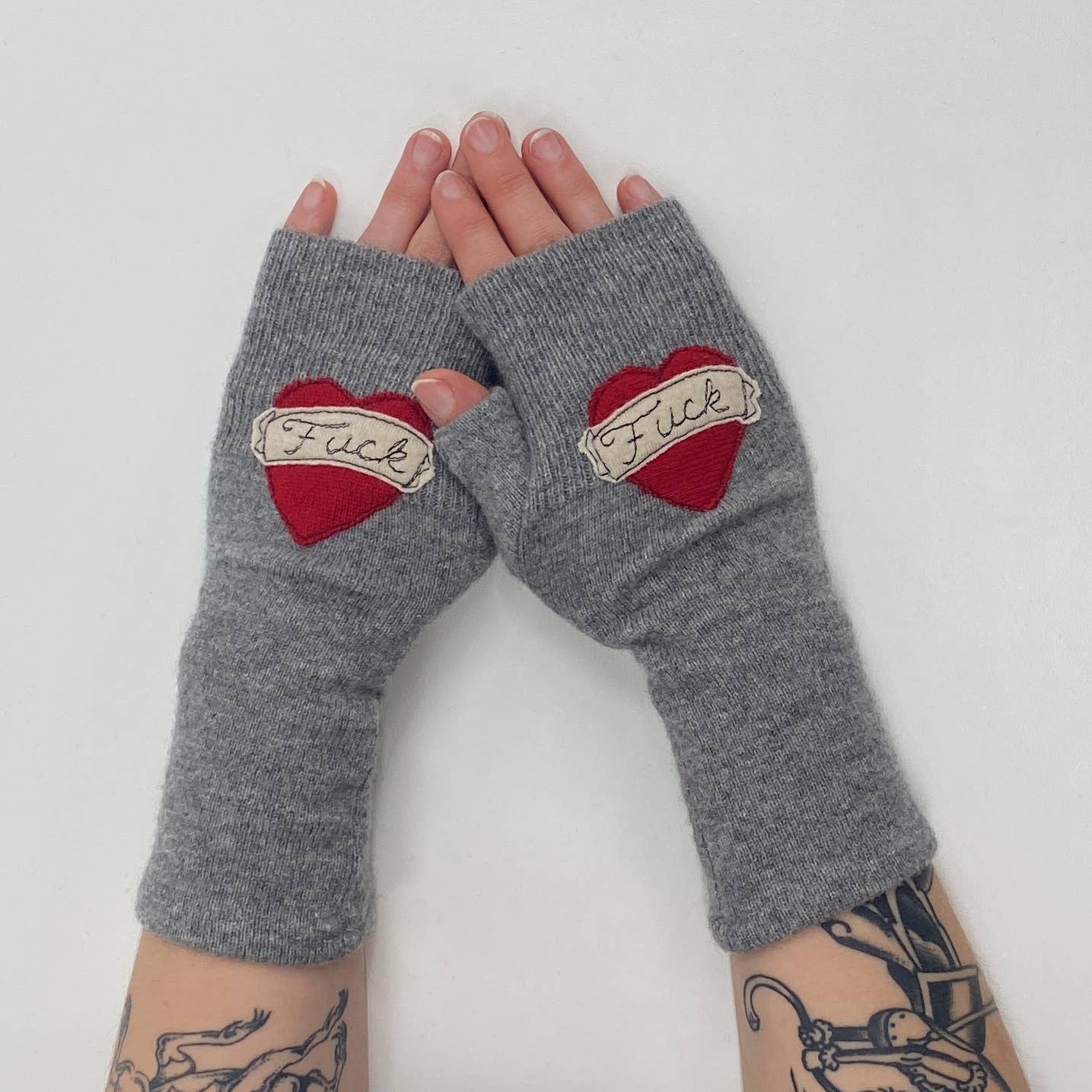 Fingerless Cashmere Gloves - Tattoo Heart Fuck