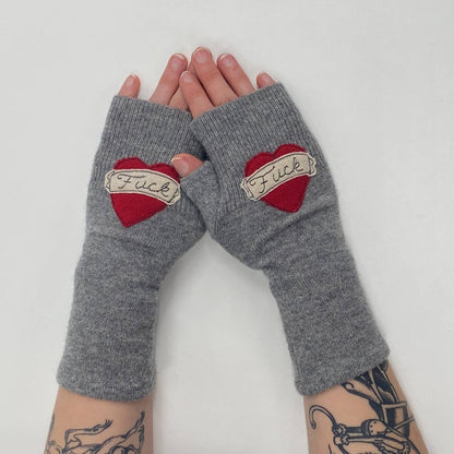 Fingerless Cashmere Gloves - Tattoo Heart Fuck