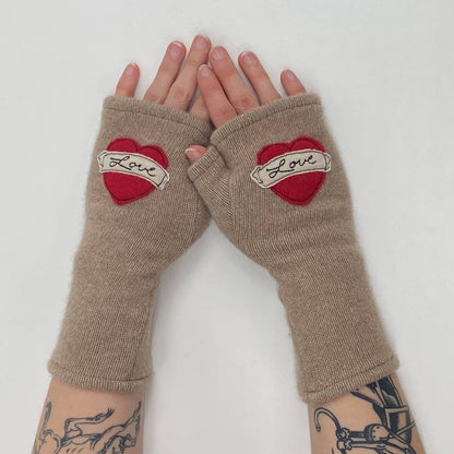 Fingerless Cashmere Gloves - Tattoo Heart Love