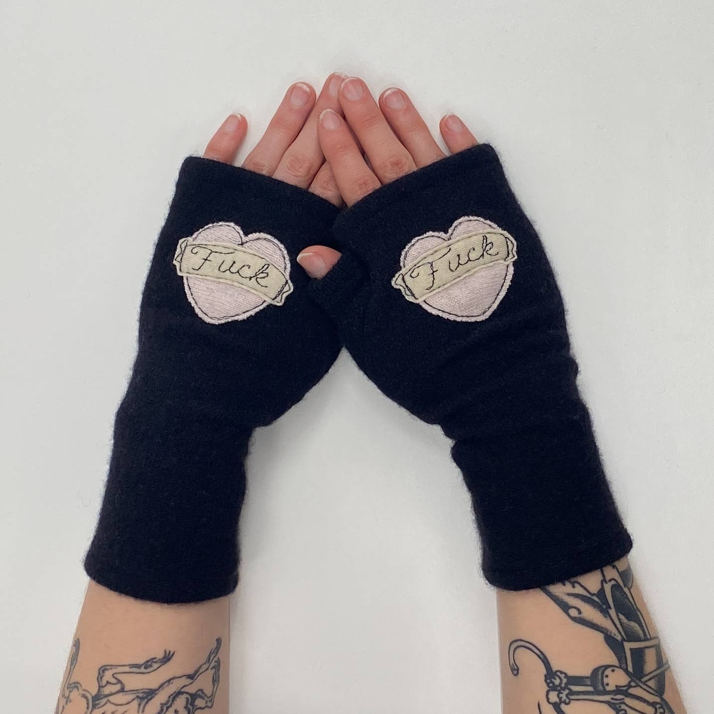 Fingerless Cashmere Gloves - Tattoo Heart Fuck