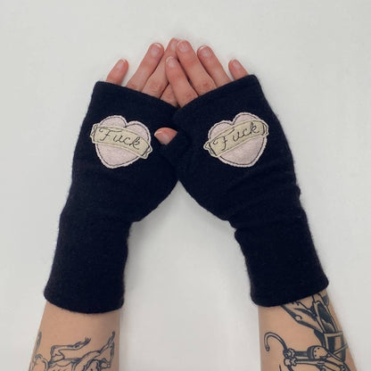 Fingerless Cashmere Gloves - Tattoo Heart Fuck